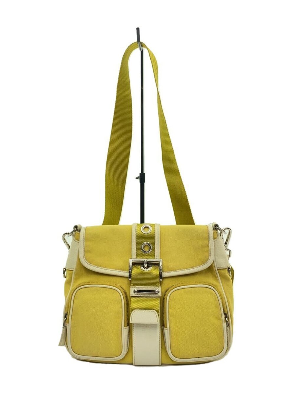 Prada yellow canvas shoulder bag prominent buckle Yellow